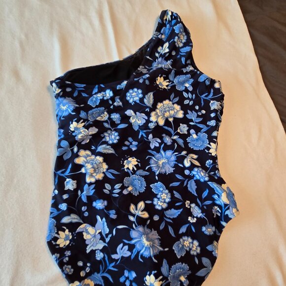 J. CREW RE-Imagined Rouched One Shoulder One Piece Swimsuit Blue Black Size 12. - Picture 2 of 15